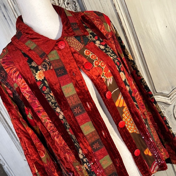 Coldwater Creek Vintage Red Velvet Floral Patchwork Jacket - Picture 3 of 11